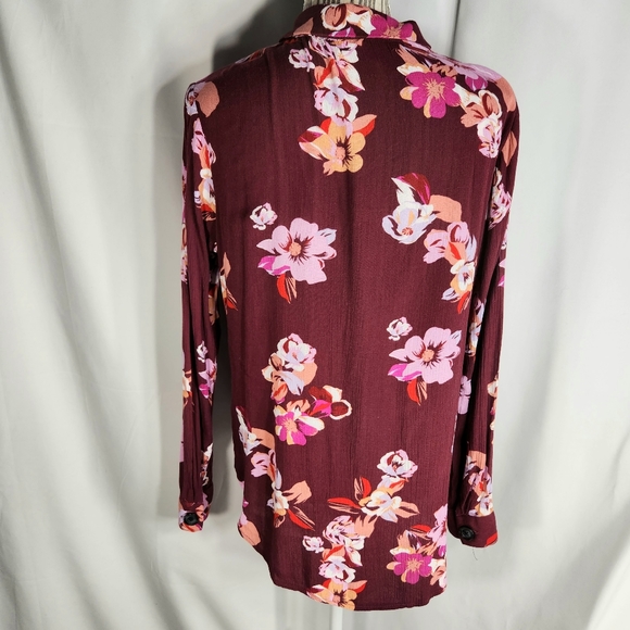 Simply Styled Wine Color Floral Print Surplice Neck Long Sleeve Top Size Medium - Picture 7 of 11